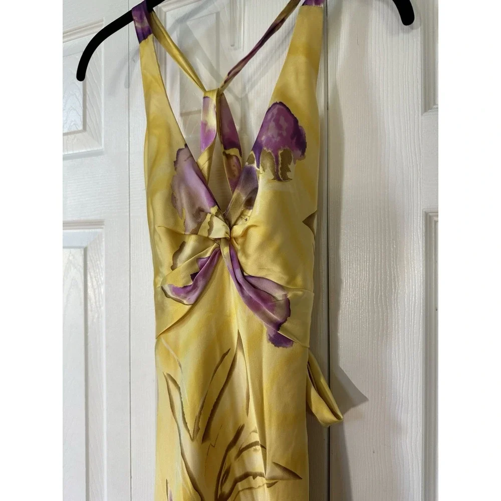 Vintage Cache Yellow Satin Halter Evening Formal Gown Floral Size 2 USA